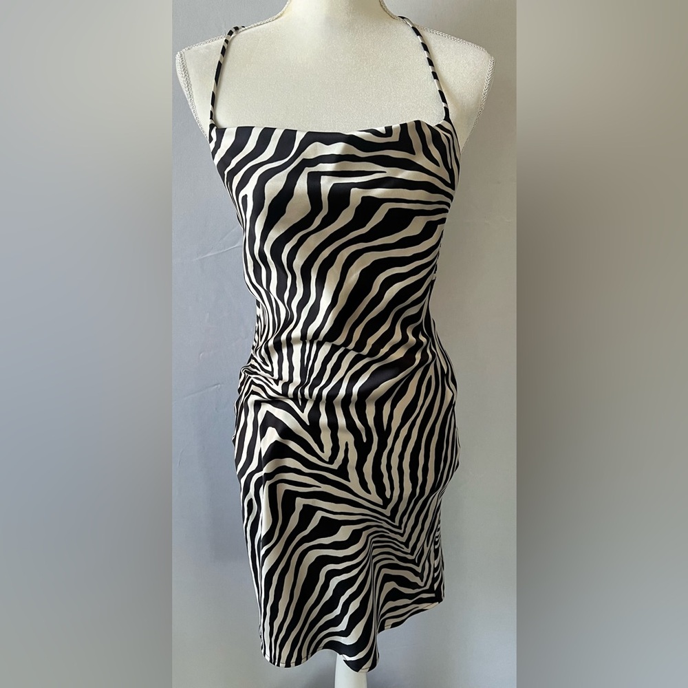 Zara Zebra Print Strappy Satin Mini Slip Dress